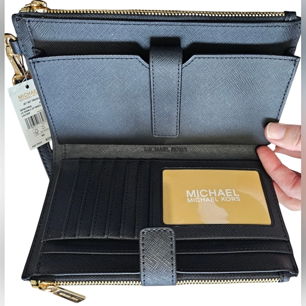 Michael Kors Black Jet Set Travel, LG Double Zip Wristlet Leather, New With Tags
